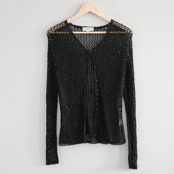 Vintage 90s Y2K Crochet Beaded Cardigan Black Women's M Boho Whimsigoth Festival - Picture 2 of 10